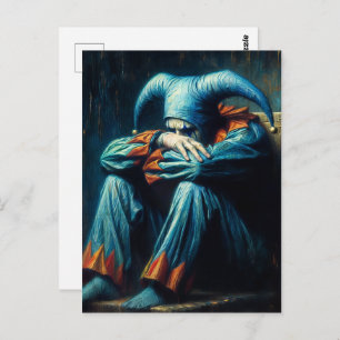 Unhappy Jester Wearing Blue and Orange Postcard