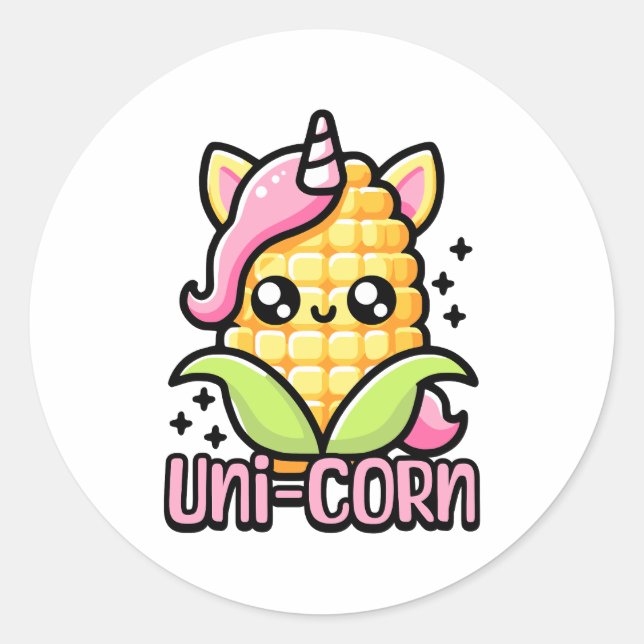 Uni-Corn! Cute Unicorn Corn Pun Classic Round Sticker (Front)