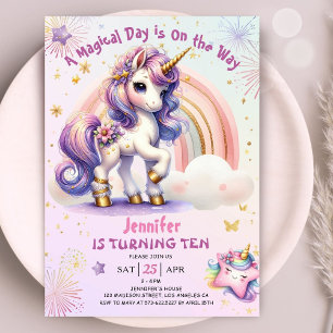 Unicorn 10th Birthday Girl Purple Gold Rainbow Invitation