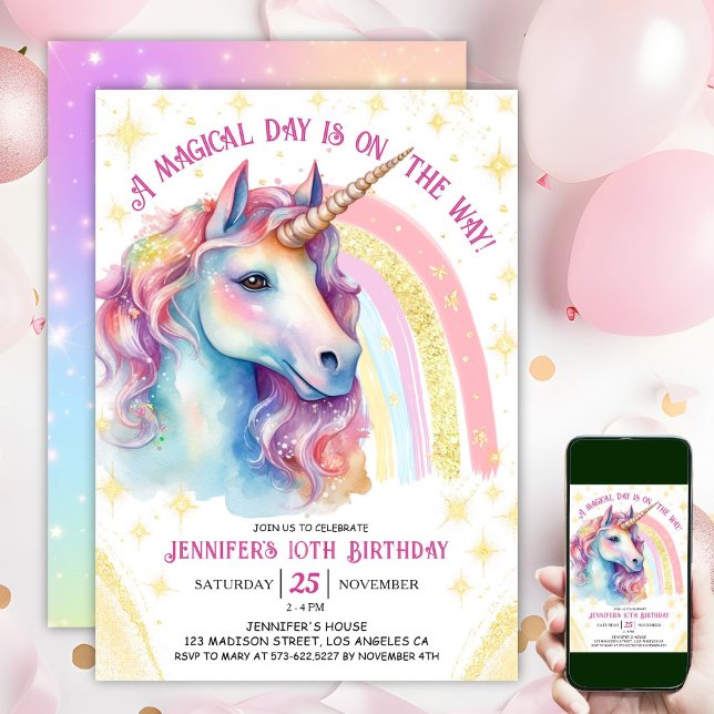 Unicorn 10th Birthday Gold Pink Magical Rainbow Invitation (#UnicornBirthdayInvitation #UnicornBirthdayInvitationTemplate #UnicornBirthdayInvitationEditable 
)