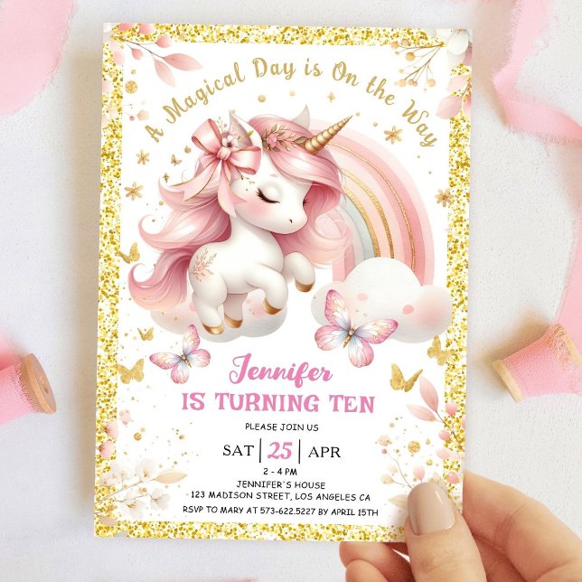 Unicorn 10th Birthday Party Girl Blush Pink & Gold Invitation (Creator Uploaded)