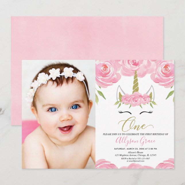 Unicorn 1st birthday elegant floral photo invitation (Front/Back)