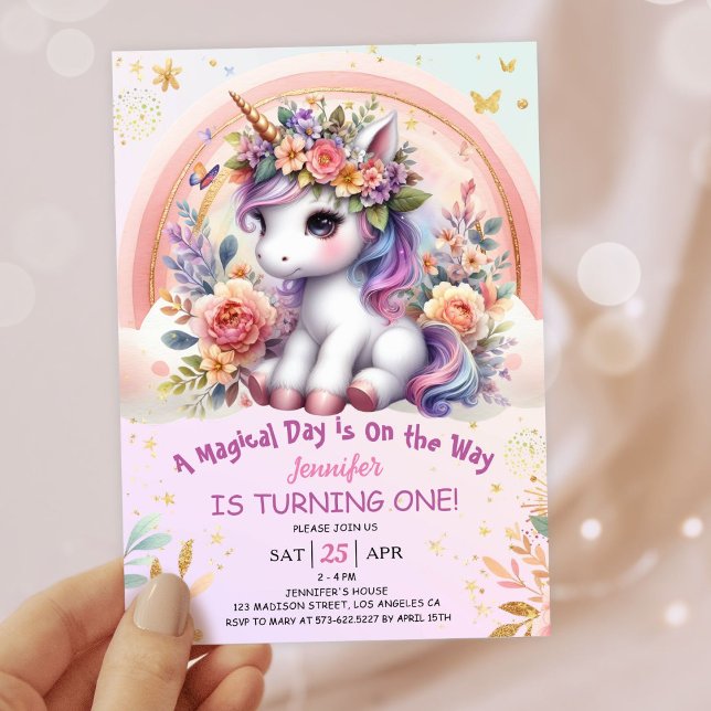 Unicorn 1st Birthday Girl Pink Floral Rainbow Invitation (#UnicornBirthdayInvitation #UnicornBirthdayInvitationTemplate #UnicornBirthdayInvitationEditable )