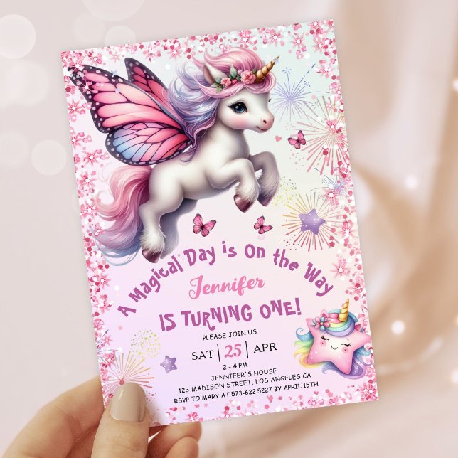 Unicorn 1st Birthday Girl Pink Purple Glitter Invitation (#UnicornBirthdayInvitation #UnicornBirthdayInvitationTemplate #UnicornBirthdayInvitationEditable)
