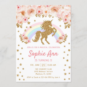 Unicorn 1st Birthday - Gold Pink Invitation
