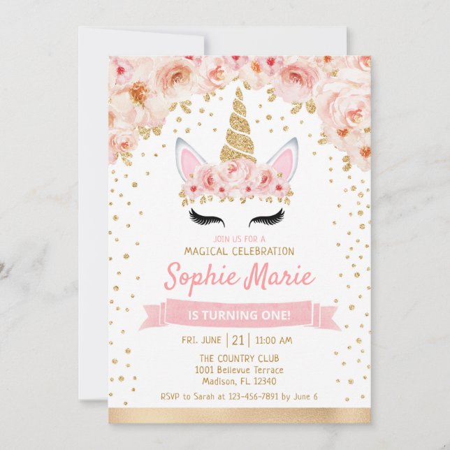 Unicorn 1st Birthday - Gold Pink Invitation (Front)