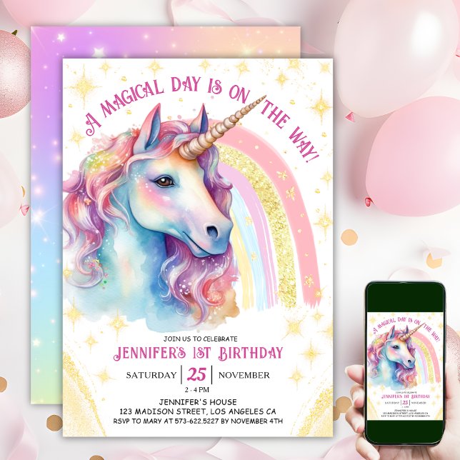 Unicorn 1st Birthday Gold Pink Magical Rainbow  Invitation (#UnicornBirthdayInvitation #UnicornBirthdayInvitationTemplate #UnicornBirthdayInvitationEditable)