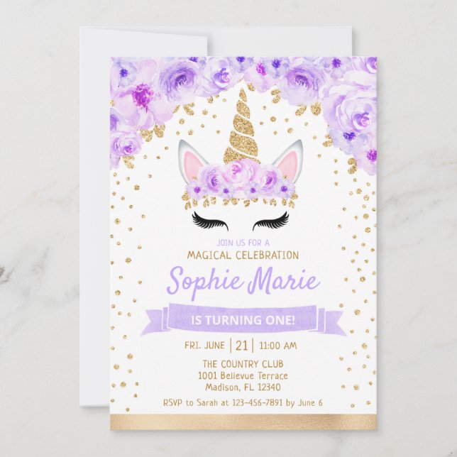 Unicorn 1st Birthday - Gold Purple Invitation (Front)