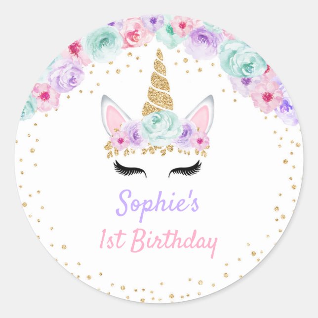 Unicorn 1st Birthday - Gold Teal Pink Purple Classic Round Sticker (Front)