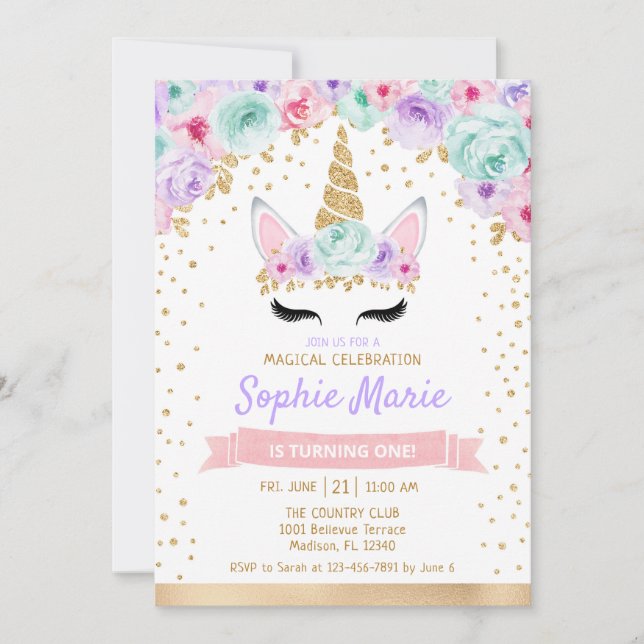 Unicorn 1st Birthday - Gold Teal Pink Purple Invitation (Front)