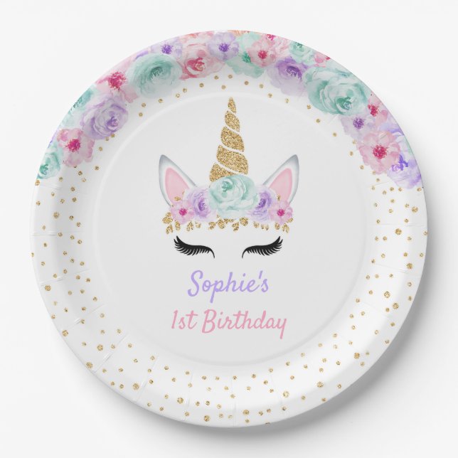 Unicorn 1st Birthday - Gold Teal Pink Purple Paper Plate (Front)