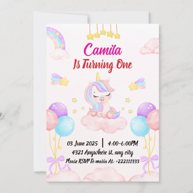 Unicorn 1st Birthday Invitation (Front)
