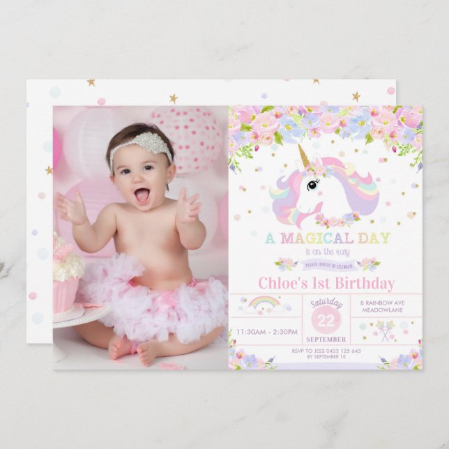 Unicorn 1st Birthday Invitation Floral Rainbow (Front/Back)