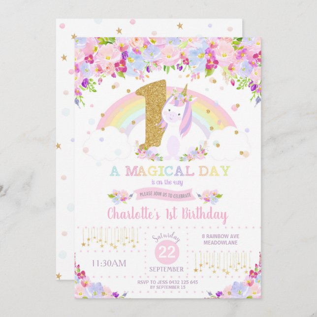 Unicorn 1st Birthday Invitation Floral Rainbow (Front/Back)
