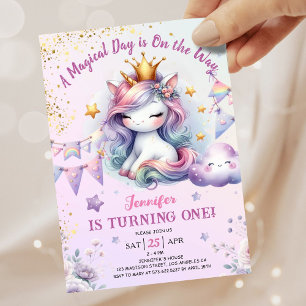 Unicorn 1st Birthday Invite Girl Pink & Gold