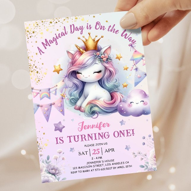 Unicorn 1st Birthday Invite Girl Pink & Gold  (#UnicornBirthdayInvitation #UnicornBirthdayInvitationTemplate #UnicornBirthdayInvitationEditable 
)