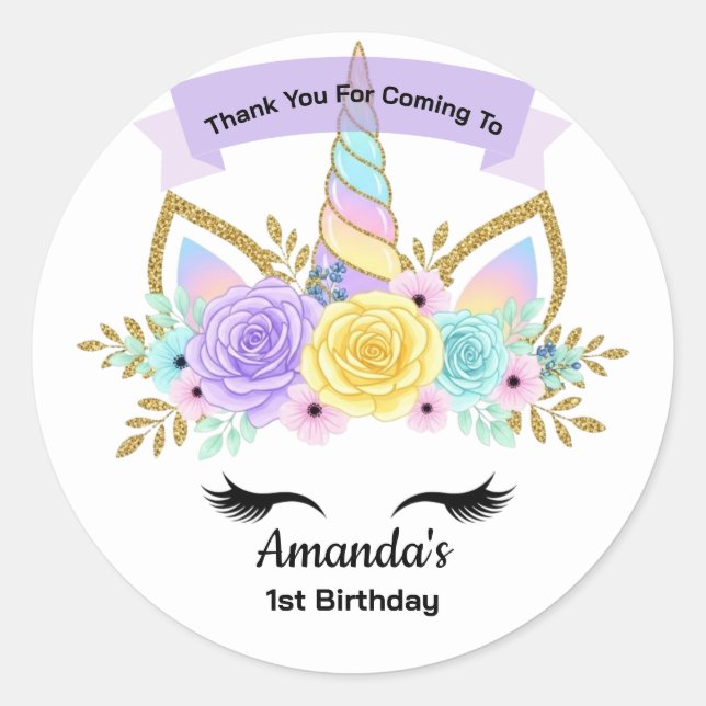 Unicorn 1st Birthday Party Favor Sticker (Front)