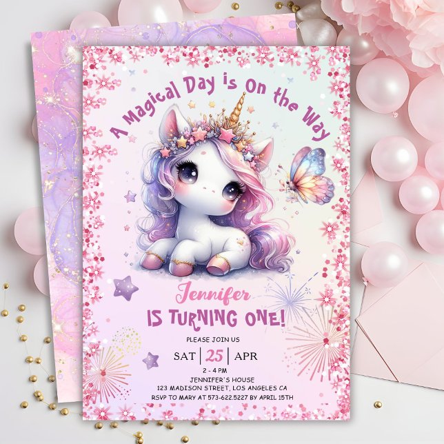 Unicorn 1st Birthday Party Girl Pink Purple  Invitation (#UnicornBirthdayInvitation #UnicornBirthdayInvitationTemplate #UnicornBirthdayInvitationEditable 
)