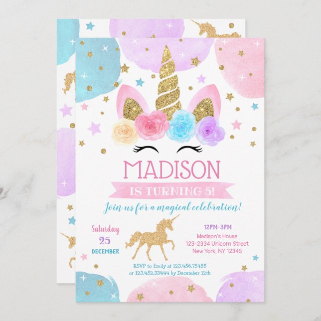 Unicorn 1st Birthday Party Invitations Rainbow (Front/Back)