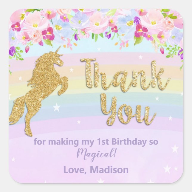 Unicorn 1st Birthday Party Thank You Favour Square Sticker (Front)