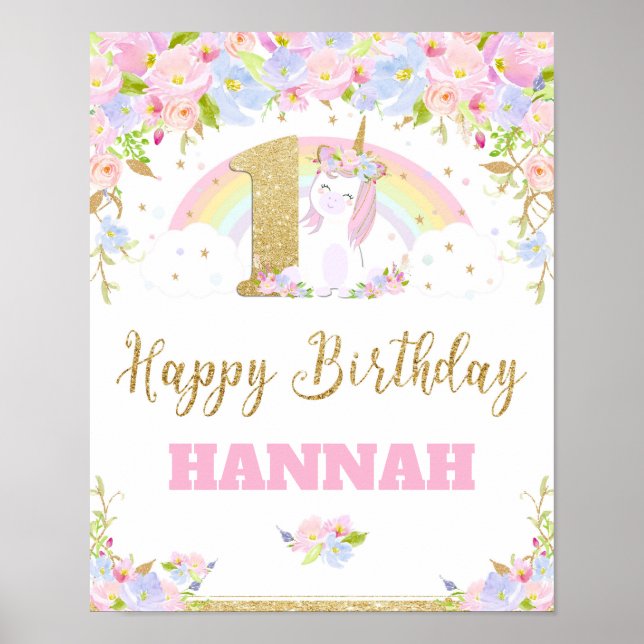 Unicorn 1st Birthday Party Welcome Poster Sign (Front)