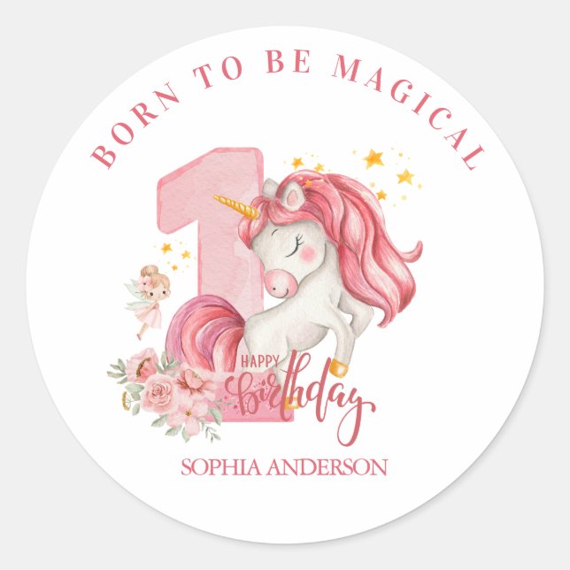 Unicorn 1st Birthday  Pastel Pink Little Girl  Classic Round Sticker (Front)