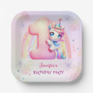 Unicorn 1st Birthday Pink Girl Cute Paper Napkin Plate