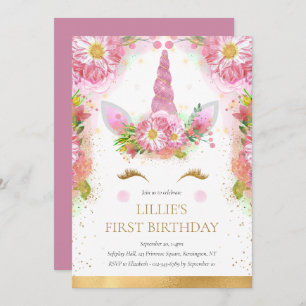Unicorn 1st Birthday Pink Gold Glitter  Invitation