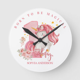 Unicorn 1st Birthday Pink Little Girl Round Clock