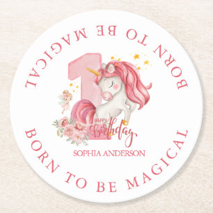Unicorn 1st Birthday Pink Little Girl Round Paper Coaster