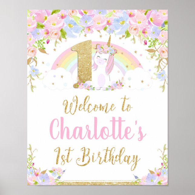 Unicorn 1st Birthday Rainbow Welcome Poster Sign (Front)