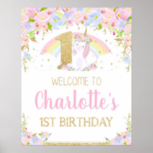 Unicorn 1st Birthday Rainbow Welcome Poster Sign