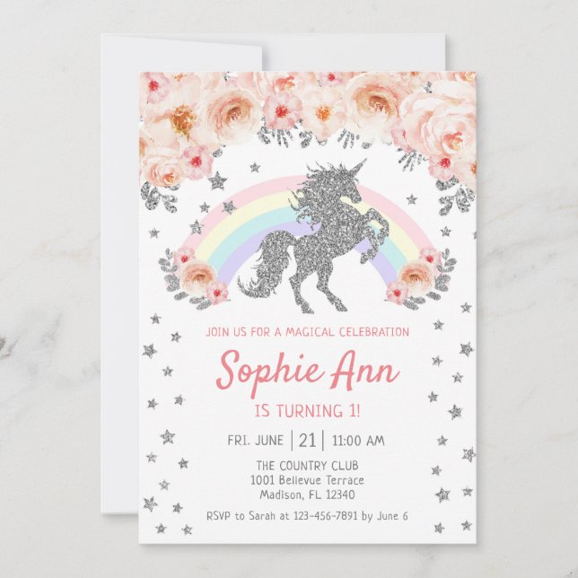 Unicorn 1st Birthday - Silver  Pink Invitation (Front)
