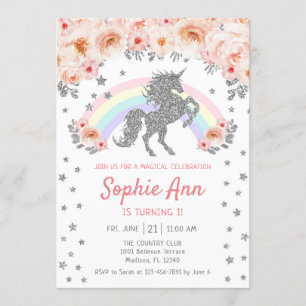 Unicorn 1st Birthday - Silver  Pink Invitation