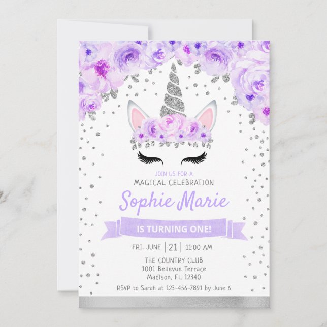 Unicorn 1st Birthday - Silver Purple Invitation (Front)