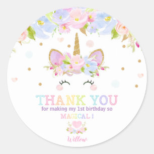 Unicorn 1st Birthday Thank You Favour Sticker Labe