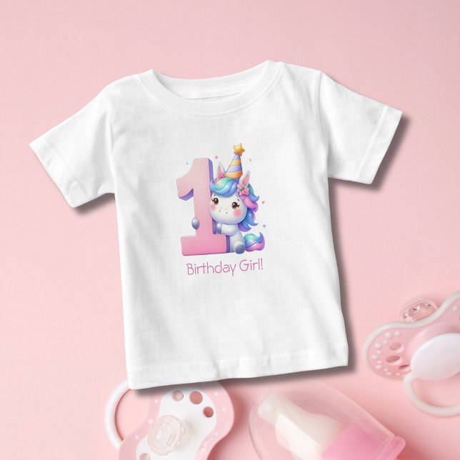 Unicorn 1st First Girls Birthday T-shirt (Unicorn 1st Birthday T-shirt for baby girl. Personalize it with her name or text)
