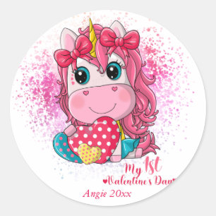 Unicorn 1st Valentines Day Classic Round Sticker