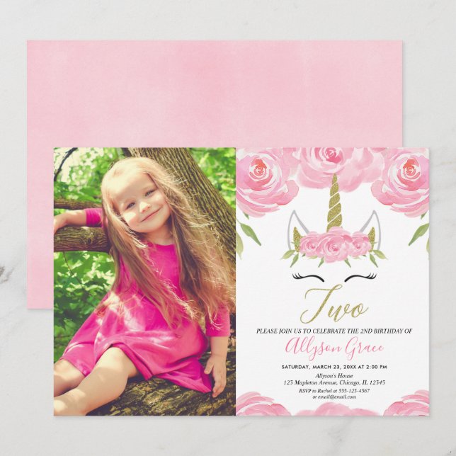 Unicorn 2nd birthday girl pink gold photo invitation (Front/Back)