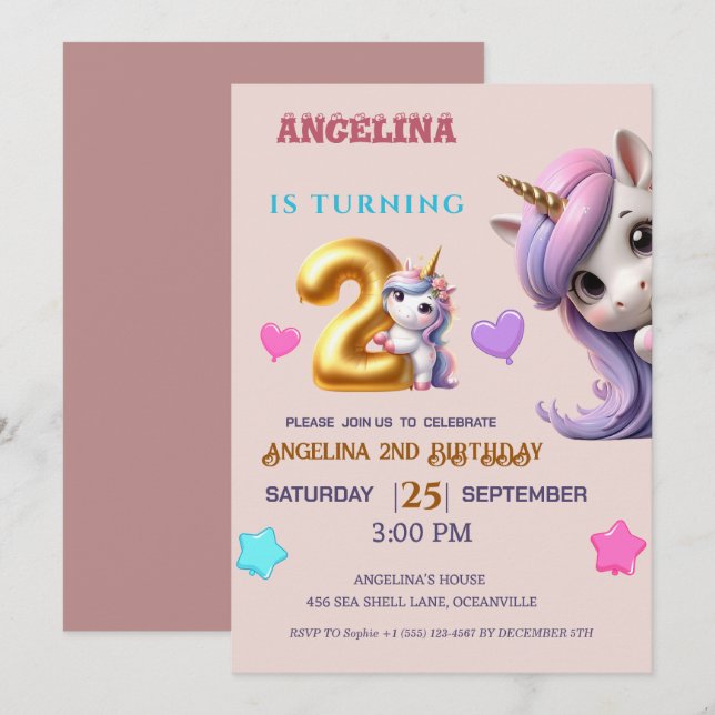 Unicorn 2nd Birthday Invite Girl Purple & Gold (Front/Back)