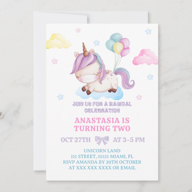 Unicorn 2nd Birthday Rainbow Invitation (Front)