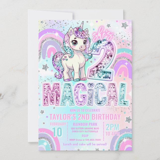 Unicorn 2nd Birthday Two Magical Rainbow Glitter Invitation (Front)