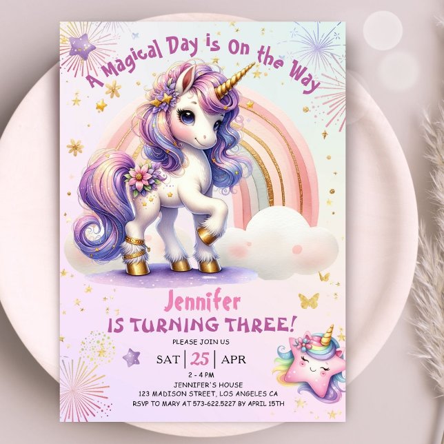 Unicorn 3rd Birthday Girl Purple Gold Rainbow Invitation (#UnicornBirthdayInvitation #UnicornBirthdayInvitationTemplate #UnicornBirthdayInvitationEditable )
