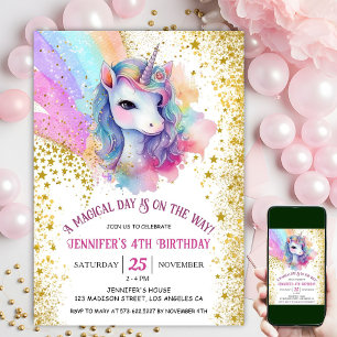 Unicorn 4th Birthday   Gold Glitter Rainbow  Invitation