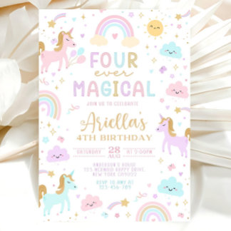 Unicorn 4th Birthday Invitation, Four Ever Magical Invitation