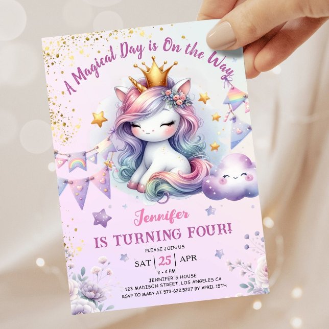 Unicorn 4th Birthday Invite Girl Pink & Gold (#UnicornBirthdayInvitation #UnicornBirthdayInvitationTemplate #UnicornBirthdayInvitationEditable 
)