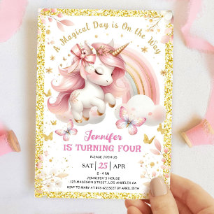 Unicorn 4th Birthday Party Girl Blush Pink & Gold Invitation