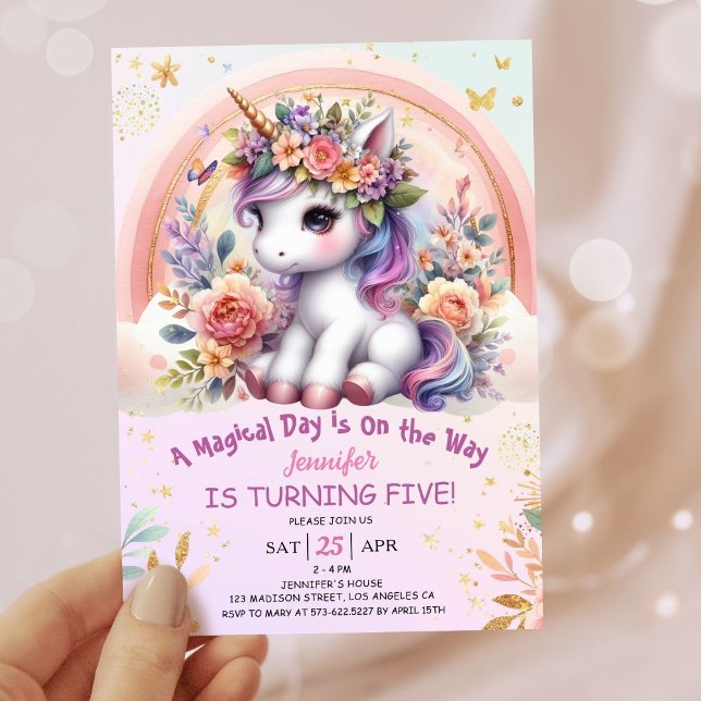 Unicorn 5th Birthday Girl Pink Floral Rainbow Invitation (
#UnicornBirthdayInvitation #UnicornBirthdayInvitationTemplate #UnicornBirthdayInvitationEditable )