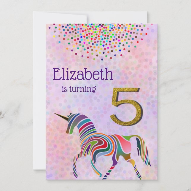 Unicorn 5th birthday invitation glitter confetti (Front)