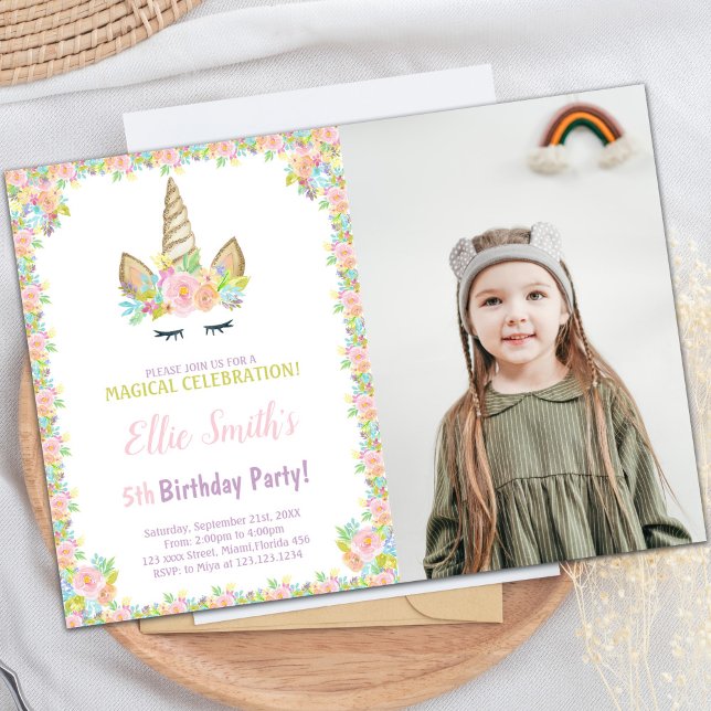 Unicorn 5th Birthday Invitation with Photo (Photo 5th Birthday Unicorn Invitations)